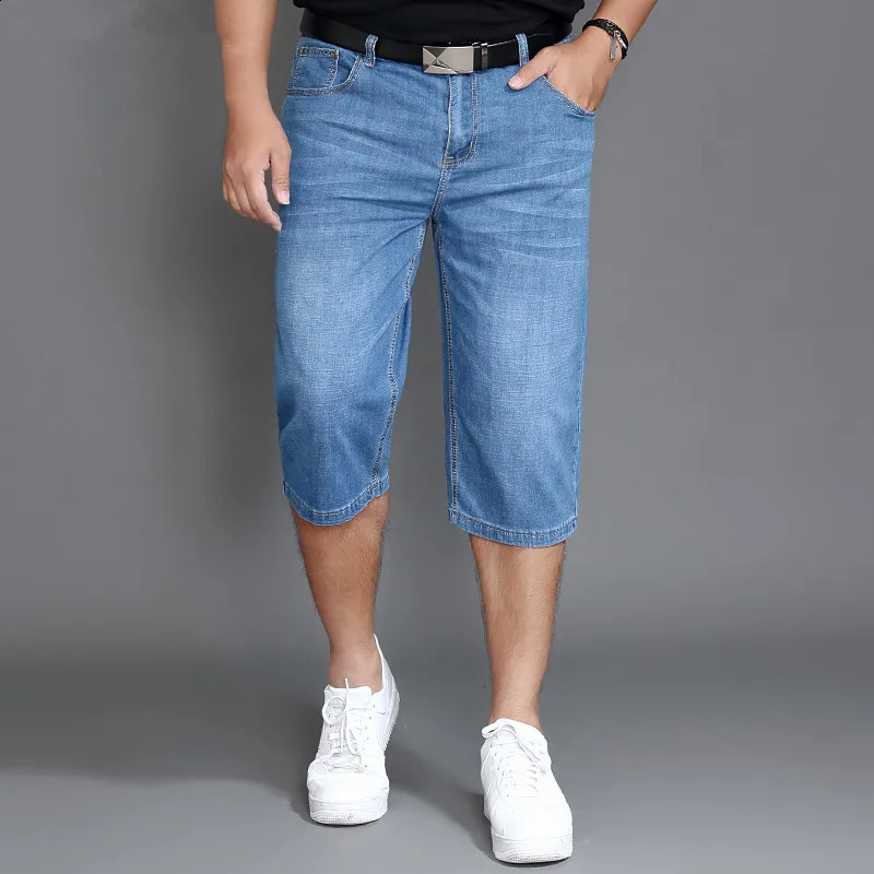 Summer Jeans Shorts Mens Denim Elastic Stretched Thin Short Jean Oversized Plus Light Blue 42 44 48 Male Calf Length Trousers 250304