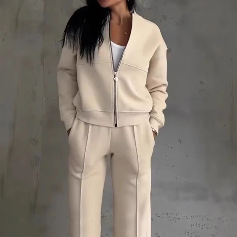 Spring Woman Loose Tracksuit Zipper Sweatshirt CoatHigh Waist Straight Pants Sports Outfits Female Autumn Casual Twopiece Set 250305