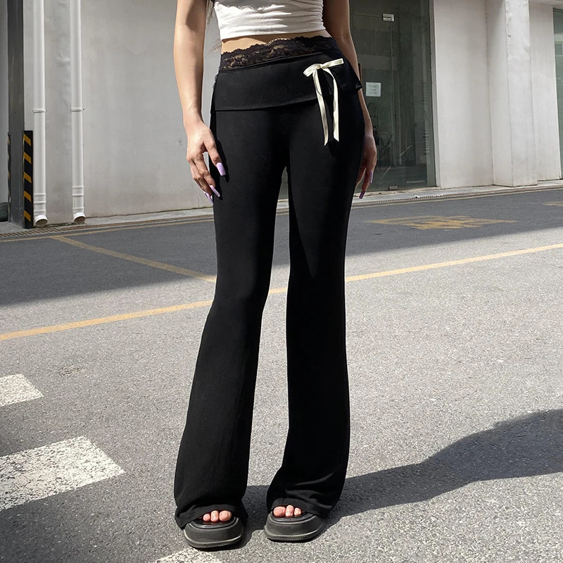 Darlingaga Casual Black Skinny Lace Spliced Basic Women Pants Bow Yoga Soft Gym Bow Harajuku Full Length Flared Trousers Bottoms 250304
