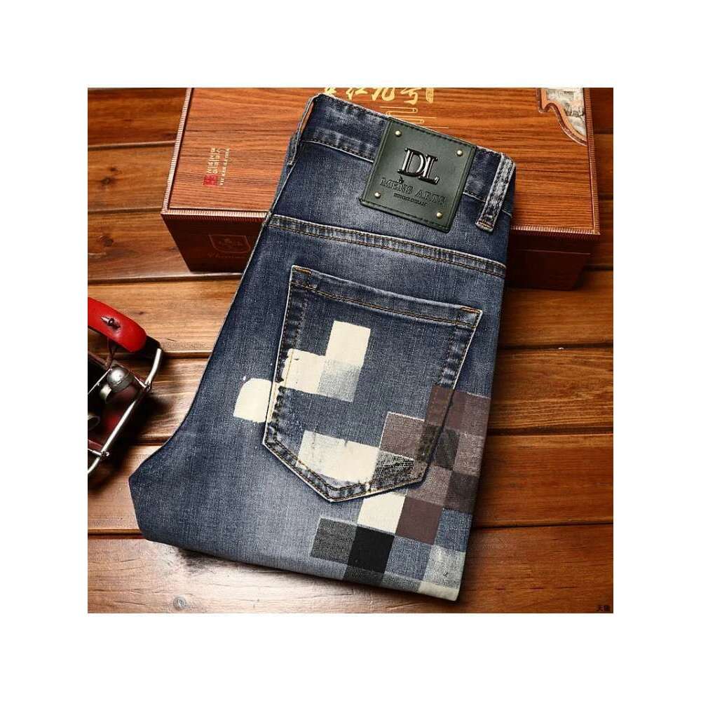 Trendy Design Mosaic Printed Jeans For Men's Fashionable Summer Thin Casual And Handsome Elastic Denim Slim Fit Small Leg Pants
