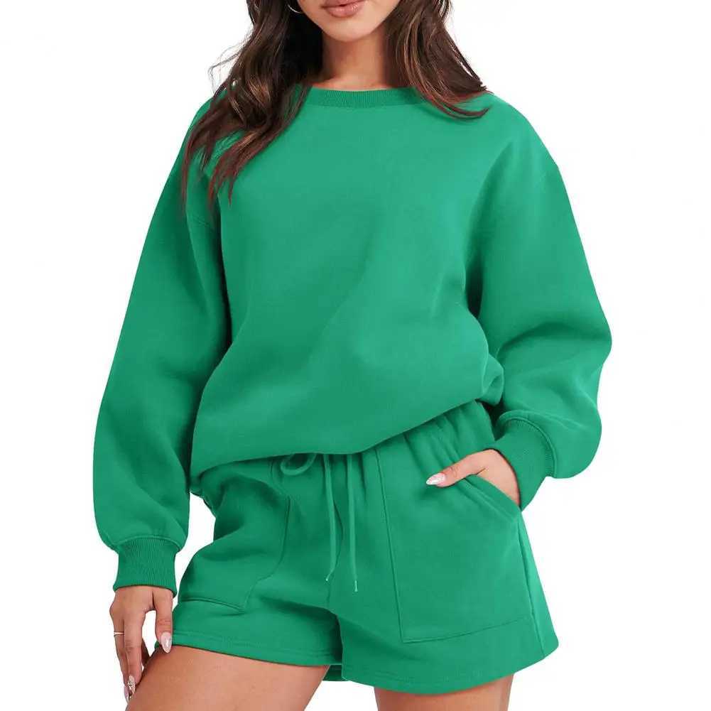 2 Pcs/Set Sweatshirt Shorts Set Loose Drawstring Elastic Waist Round Neck Elastic Cuff Soft Pockets Fall Spring Top Shorts Suit X250305