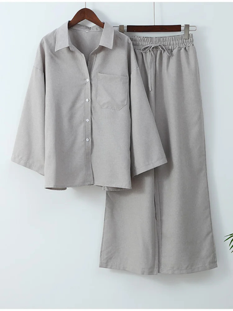 Fashion Cotton Linen Grey Wide Leg Pant Set Women Long Sleeve Single Breasted Shirts Suit 2025 Casual Loose High Streetwear 250304