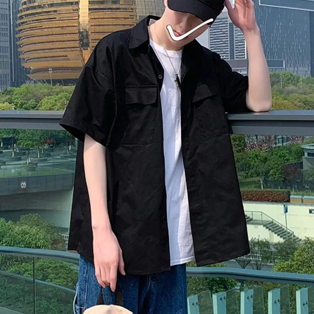 Short sleeved half tool shirt pocket street mens plain casual top 250227Z