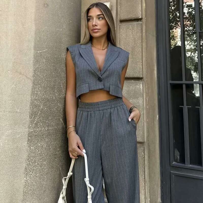 TRAF 2025 New Elegant Sets Women's Summer Holiday Fashion Loose Striped Elastic Waist Pants Suit Street Chic Youth 2-Piece Set