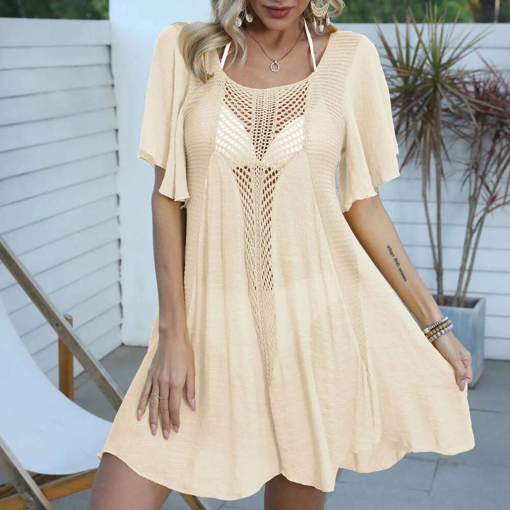 New 2024 Fringe Tassel Embroidery Half Sleeve Tunic Cover Up Cover-Ups Long Dress Beach Wear Beachwear Female Women Km-Ly -Ups