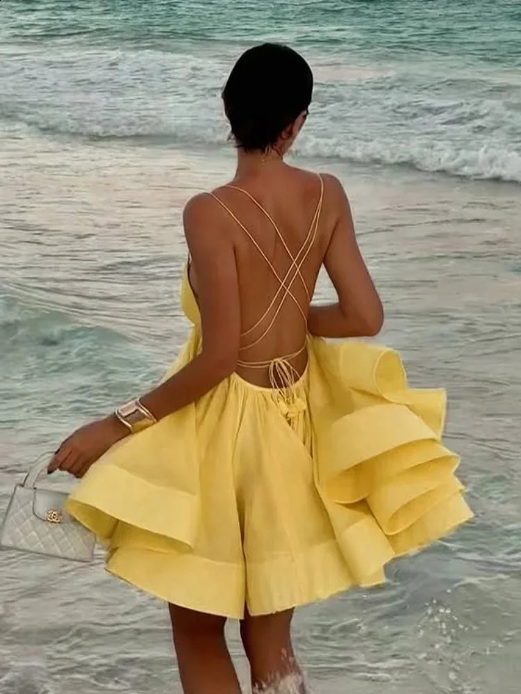 Elegant Chiffon Pleated Off Shoulder Women Sling Dress Fashion Lace Up Backless High Waist Aline Mini Dresses Lady Beach Robes 250305