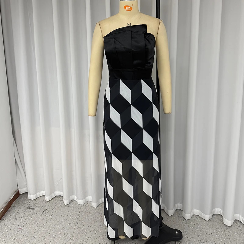 Wefads Midi Dres Fashion Sleeveless Tube Nipped Waist Contrast Multifaceted Printed Evening Party Dresses Streetwear 250304