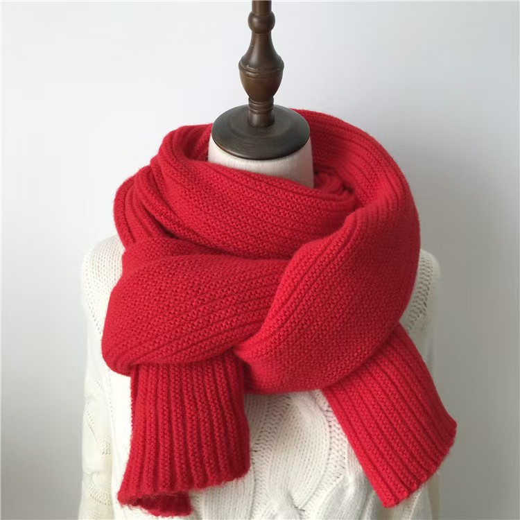 K049 Korean version ins wool knitted scarf for women autumn and winter thickened warm scarf student solid color trendy red versatile model