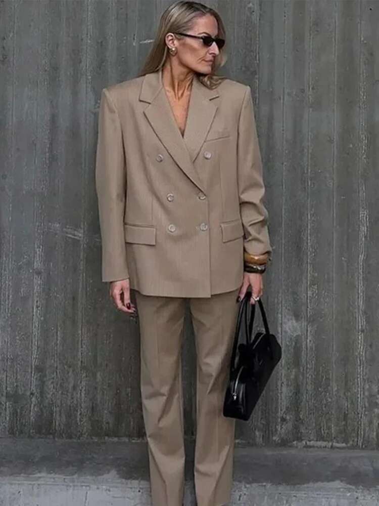 Office Solid Color Double Breasted Women Coat Full Sleeve Turn-Down Collar Lady Stripe Jacket 2025 Spring Fashion Female Blazer