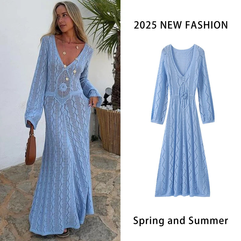 Elegant Women Hollowed Out Knitted Long Dress Summer Sexy See Through Sleeves Plunging Neck Beach Dresses 250304