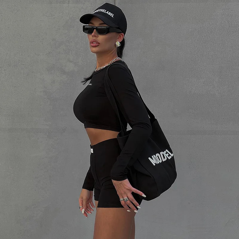 European and American SpringSummer Round Neck Long Short sleeved 34 Shorts Two piece Womens Fashion Sports Versatile Set 250304