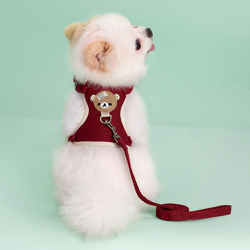 Cute Dog Harness and Leash Set, Linen Material Breathable Lightweight Easy Walk Escape Proof Vest Harnesses with Safety Buckle for Small Medium Dogs, 