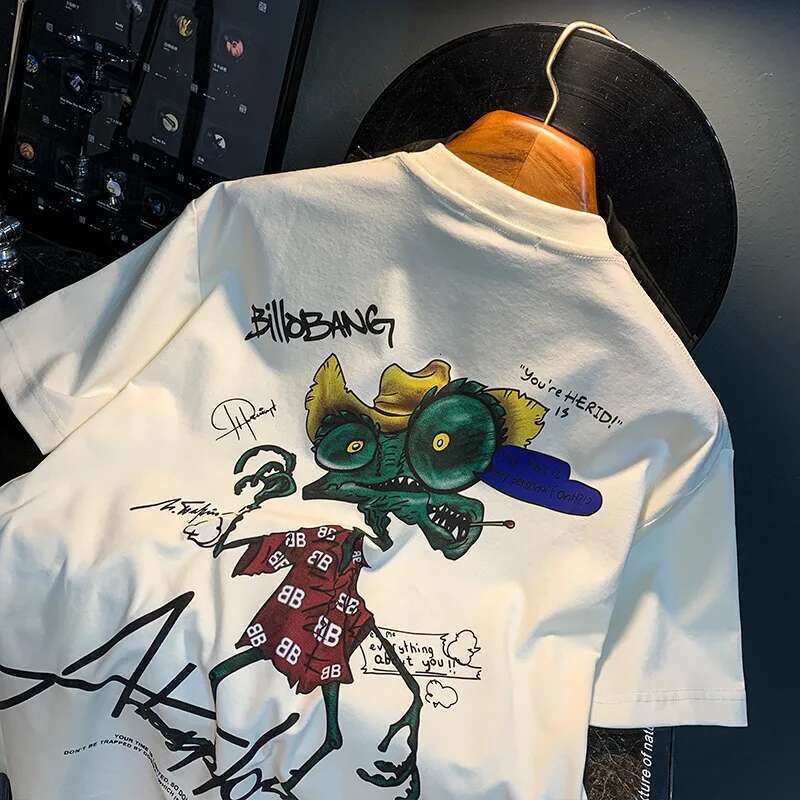 Fashion Trendy Funny Lizard Cartoon Printtt-Shirt Summer Thin Loose Elastic Sweat-Absorbent Breathable Men's Top