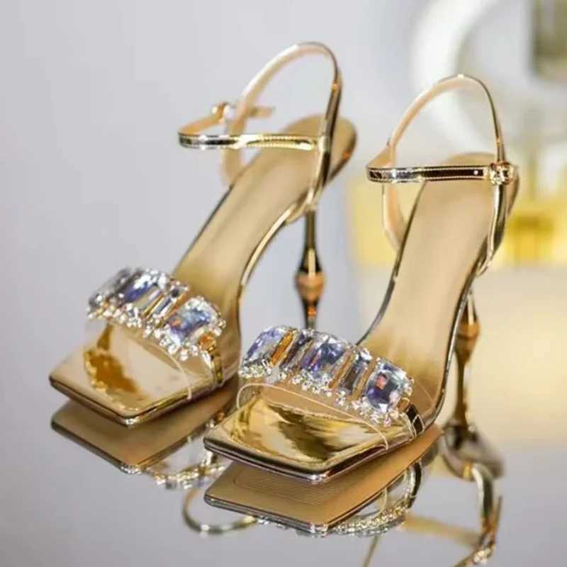 Luxury Diamond High Heels Women 2025 Summer Square Toe Shiny Crystal Sandals Woman Ankle Straps Elegant Party Pumps Women ShoesXJ2500305