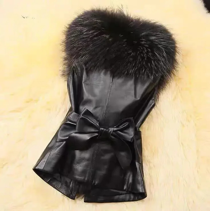 Womens Leather Jacket Fur Collar Stitching Simulation Oversized Raccoon Autumn Winter Solid Color Sleeveless Vest Coat 250226