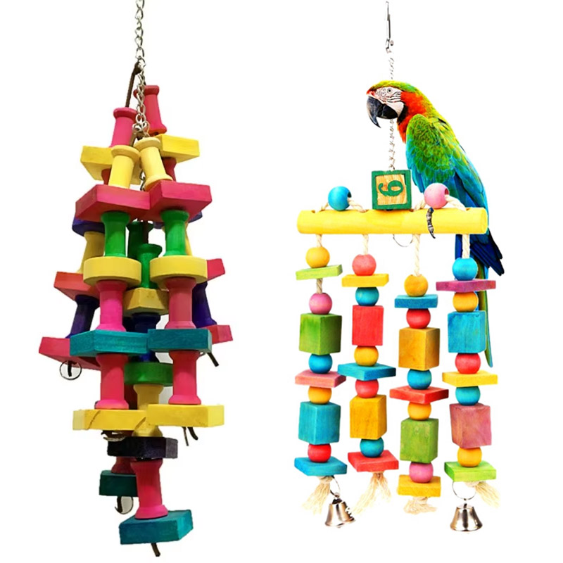 Wood Bird Chewing Toys for Large Medium Parrot Cage Bite Toys African Grey Macaws Cockatoos Parrots Bird Bell Toys