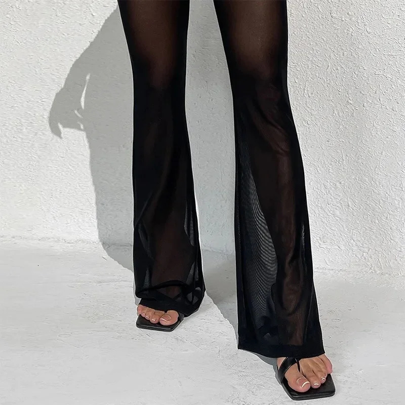 Womens Romansong Sheer Mesh Flare Leggings Stretchy High Waist Long Pants Lightweight Casual Skinny Baggy Black Pants 250304