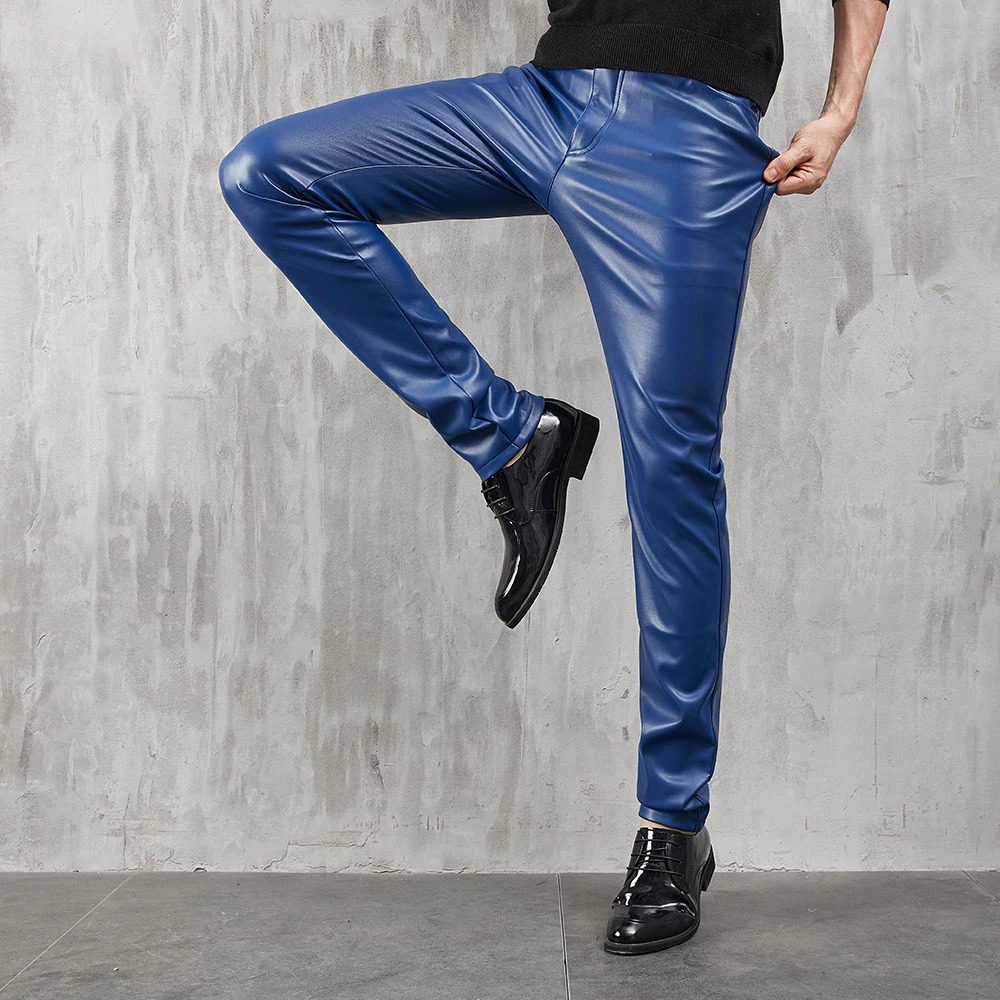 Mens Leather Pants Skinny Fit Stretch Fashion PU Trousers Party Dance Thin Streetwear 250304
