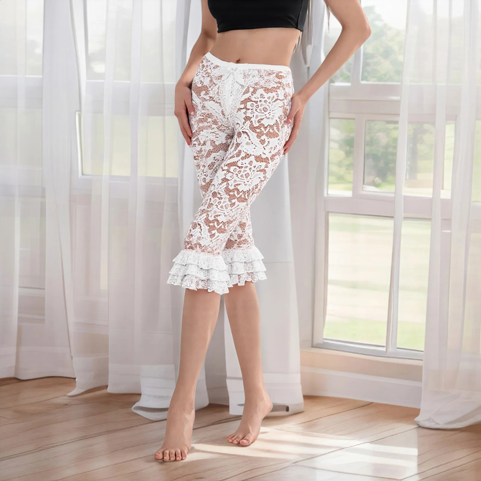 Combhasaki Womens Y2K Vintage Floral Lace See-through Ruffled Layered Leggings Sheer Mesh Elastic Waist Knee Length Pants 250304