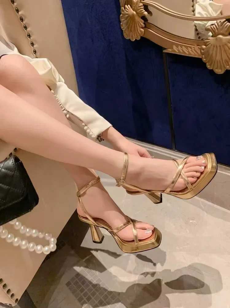 2025 Hot Sale Spring and Summer New Fi Simple Womens Sandals Gold Sier French Sexy Chunky High Heels Womens ShoesXJ2500305