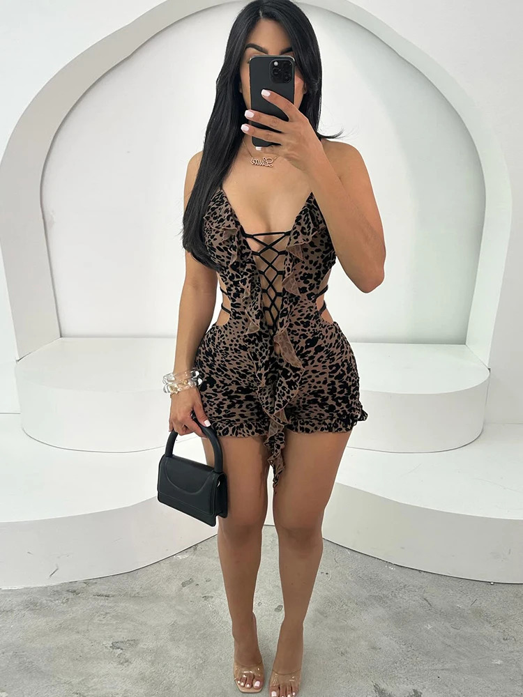 Nibber Thin Sexy Summer Romper Women Flocking Leopard Print Backless vNeck Tassel Coquette Midnight Party Workout Playsuits 250304