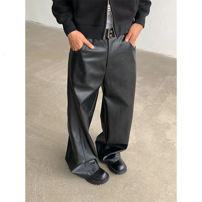 PU Leather Pants Men 2025 Spring Mens Punk American Fashion Hip Wideleg Mopping Trousers Windproof Dark BrownBlack 250304