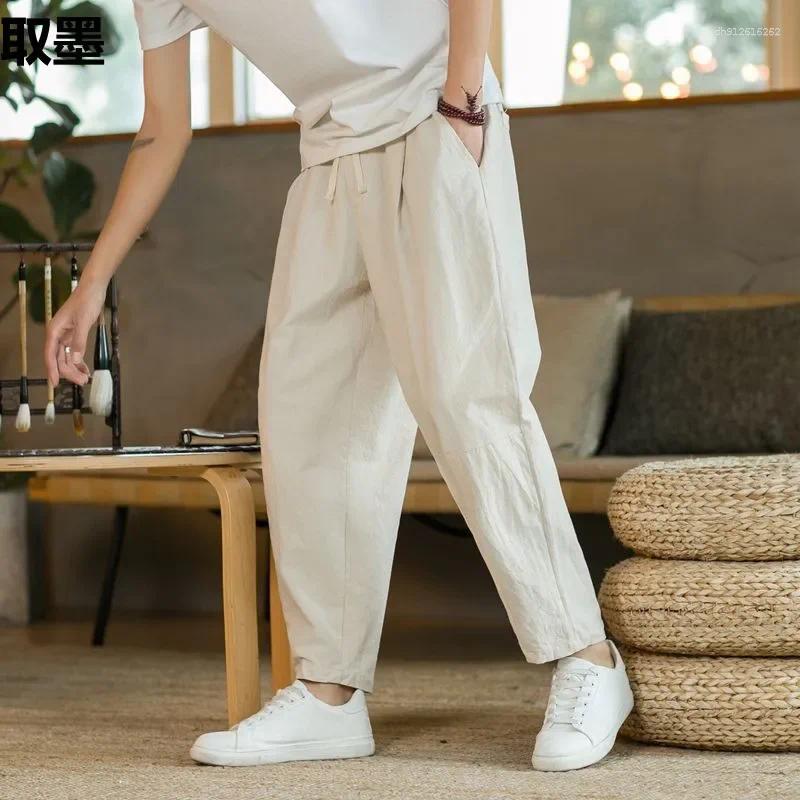 Men's Pants Casual Linen Summer Thin Style Chinese Flavor Cotton Trousers Loose Fit Plus Size Straight-Leg Cropped