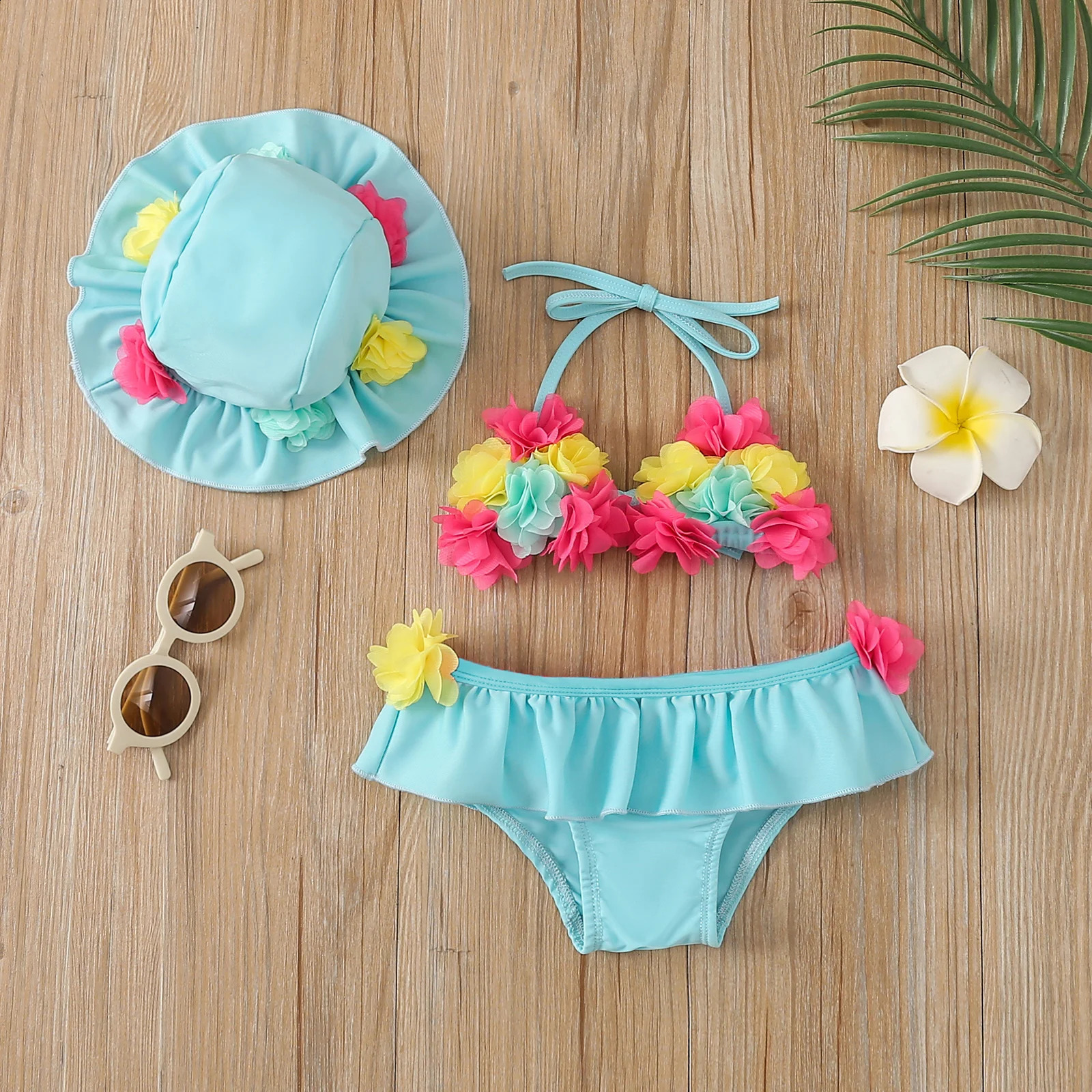 0-24M Summer Baby Girl Three Piece Swimsuit Flower Halter Swim Top Bottom and Sun Cap Bikini Set 250304