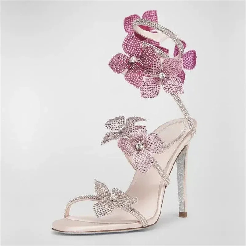 Crystal Flower Thin High Heels Sandals for Women - hot Street Style, Narrow Band Ankle Strap, Pole Dancing Shoes