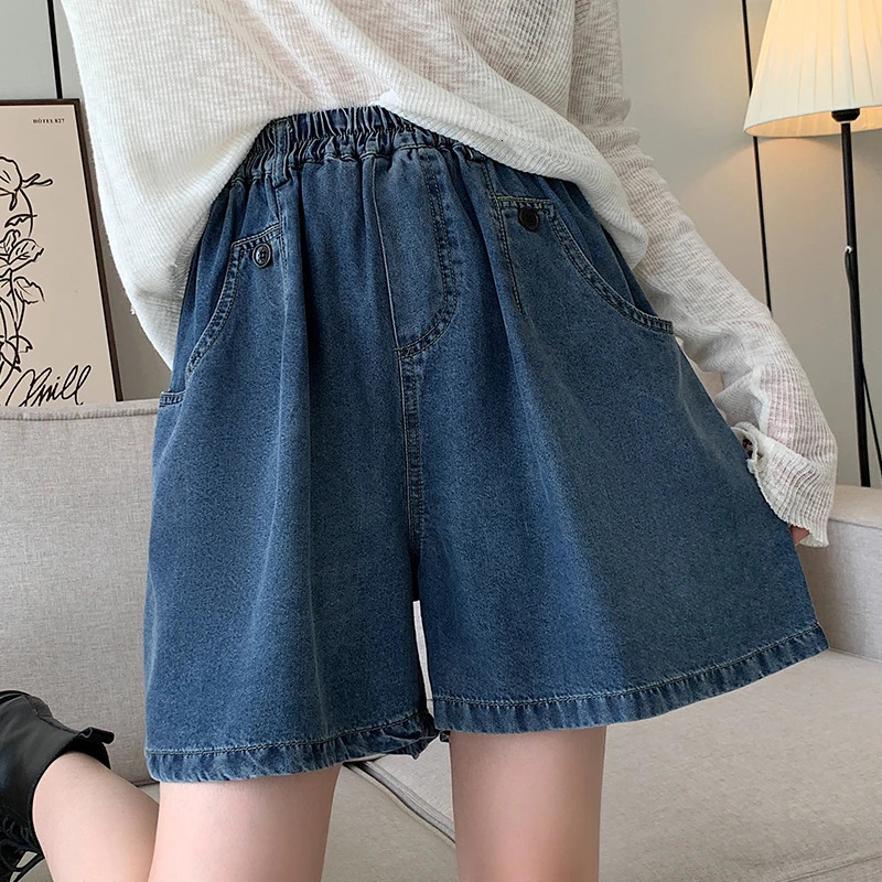 2024 Summer Plus Size Denim Shorts For Women High Elastic Wasit Wide Leg Loose Blue Jean Short Streetwear Half Jeans 250304