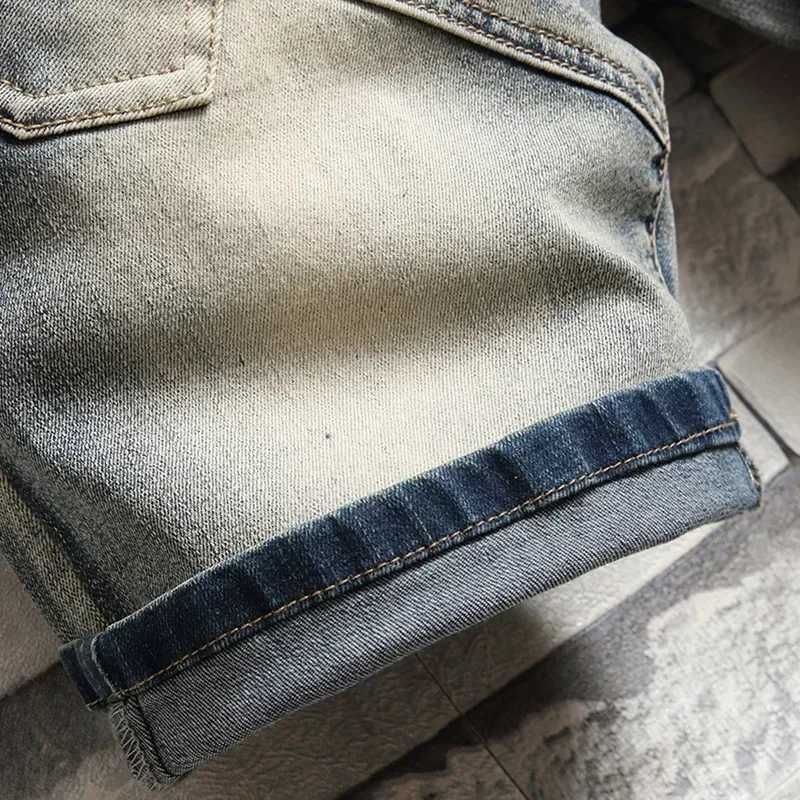 Summer New Mens Fashion Stretch Denim Shorts Retro High Street Style Old Slim Fit Short Jeans Splicing Design 98% Cotton BrandT250305