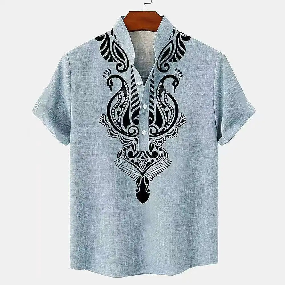 Linen Mens Tribal Totem Short Sleeve Shirt Half Cardigan Button Stand Collar TShirt Top 250227
