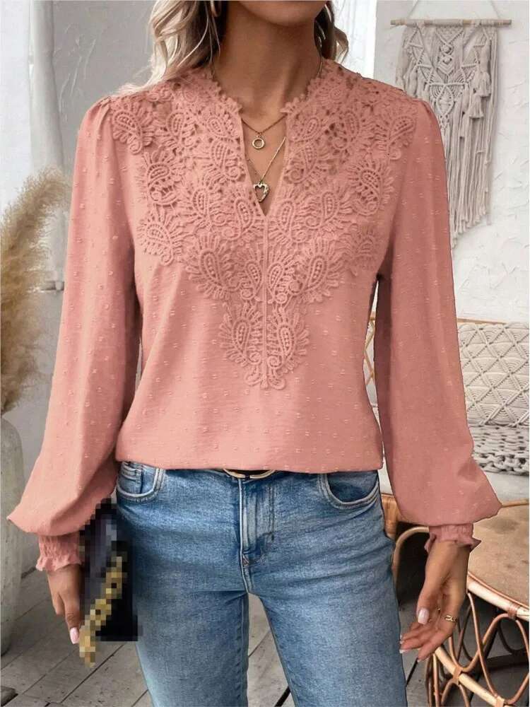 2024 Autumn New Sexy V-Neck Fashionable Lace Patchwork Solid Color Long Sleeved Shirt Women's Clothing