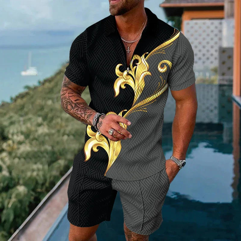 Mens 3D Print Polo Shirts Short Sleeve Set Shorts Tracksuit Outfits Social Golf Lapel T-Shirts Summer Clothing Oversize 250304