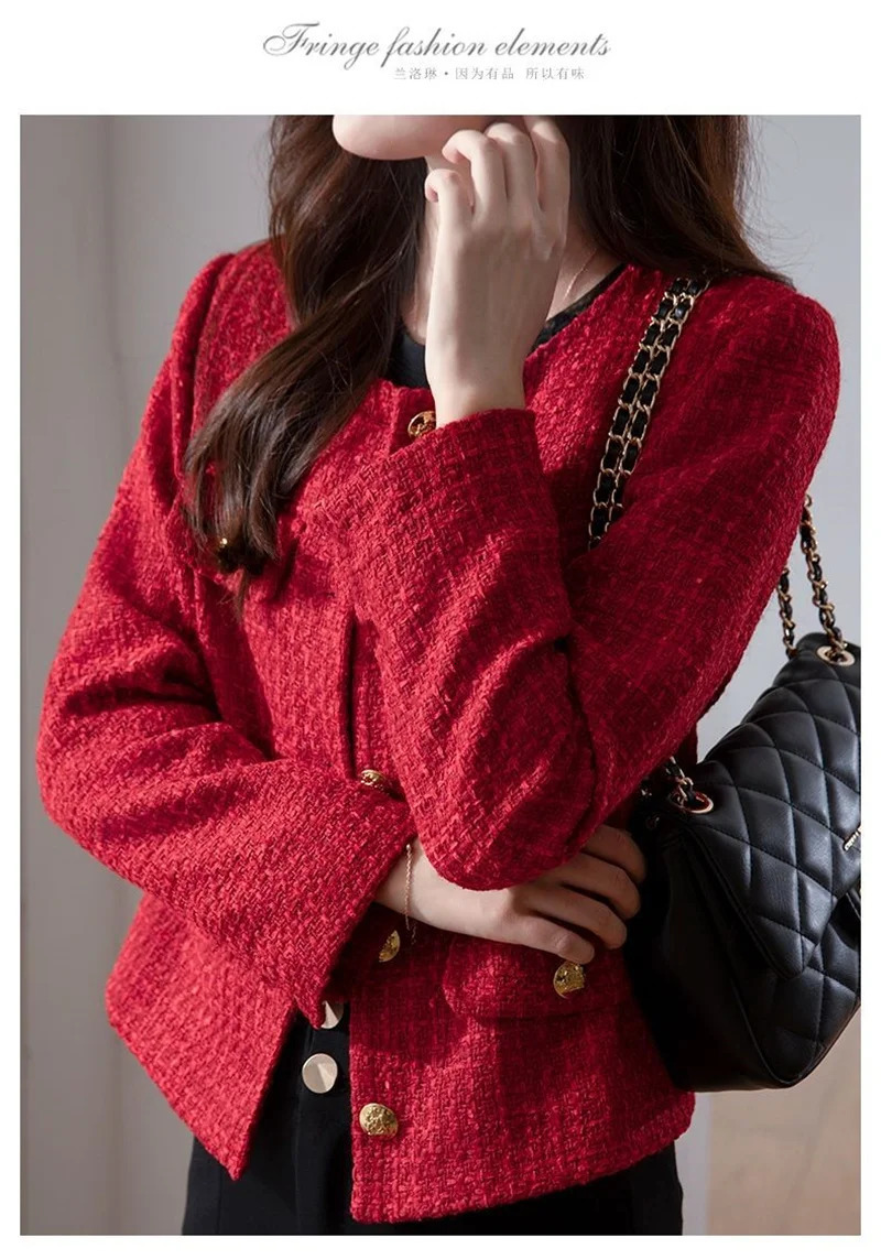 Womens Jacket Spring Autumn Red Tweed Small Fragrance Coat Short Blazers Korean Fashion Elegant Female Tops Outerwear 250304