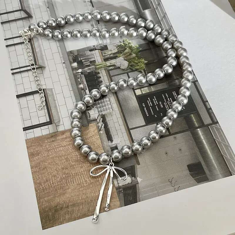 Fashion Grey Imitation Pearl Tie Pendant Necklace for Women Simple Handmade Bow Shaped Earrings Trend Jewelry Set