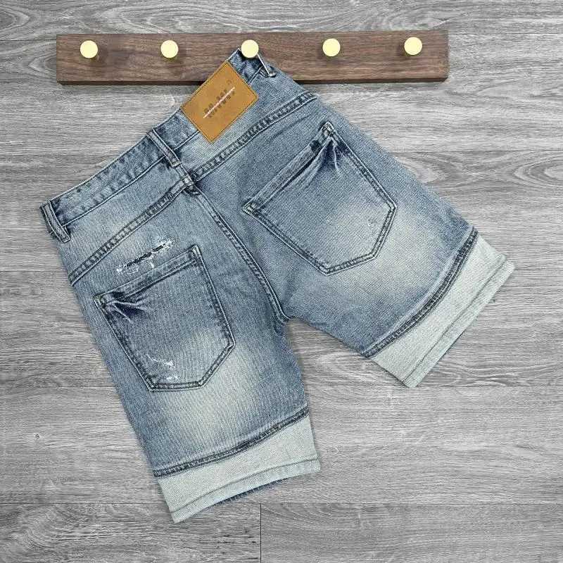 New Shorts Mens Spliced Denim Shorts Knee Length Designer Luxury Streetwear Distressed Korean Luxury Casual Summer Short JeansT250305
