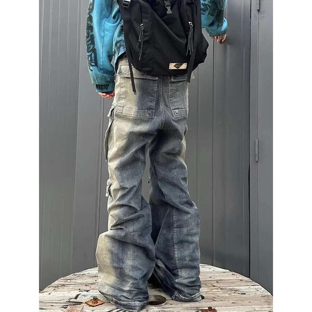 American Fashion Washed Old Gradient Stripe Multi Pocket Drawstring Jeans Men Haruku Street Loose Denim Pants