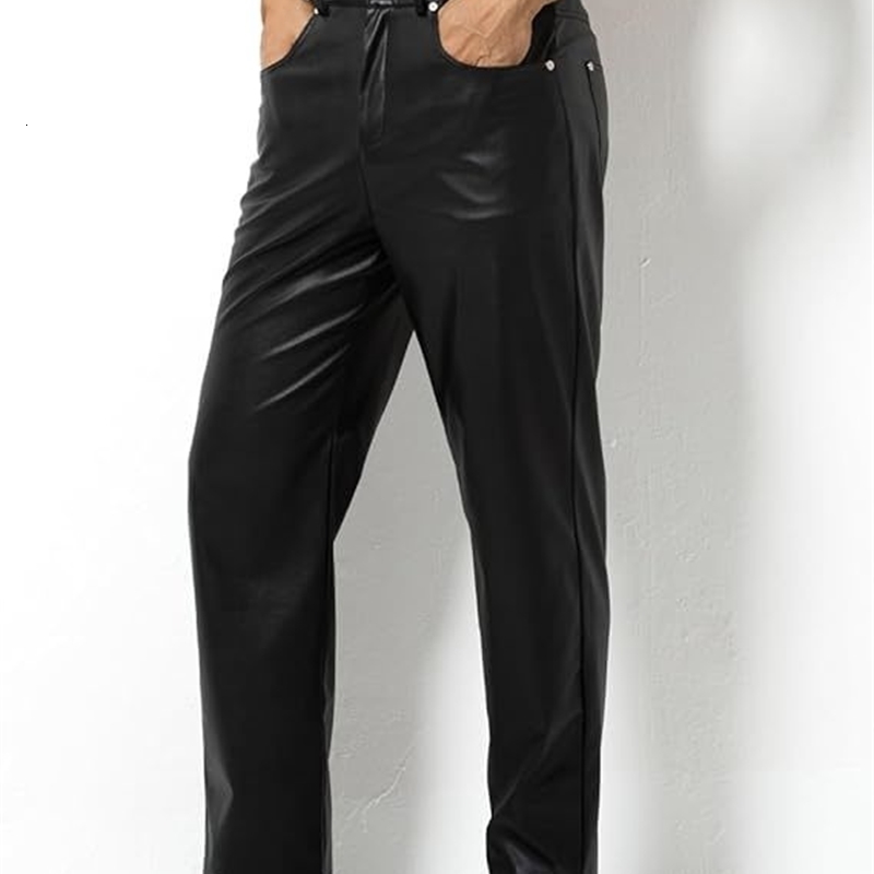 Arjen Kroos Faux Leather Disco Pants for Men Flat Front Straight Leg Casual Trousers 250304