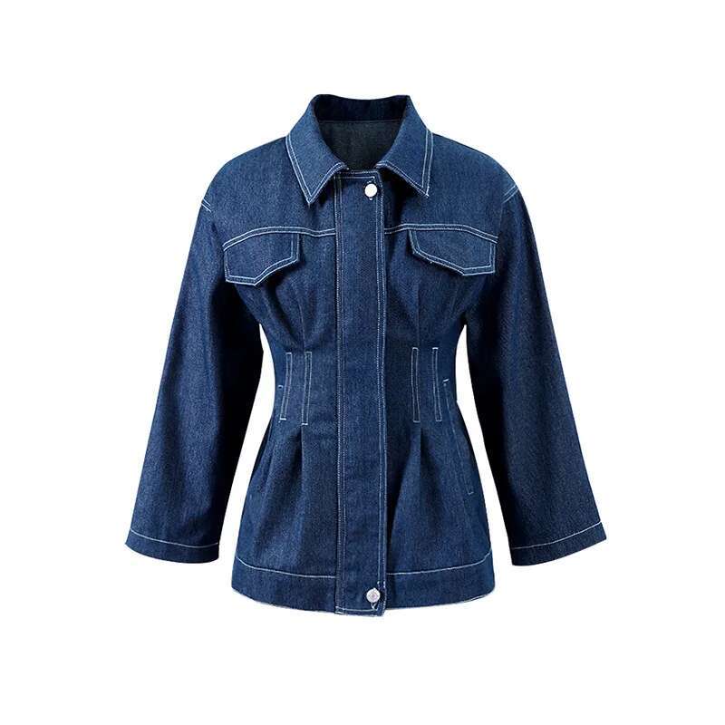 Waist Cinched Denim Top Coat Lapel Commuter Workwear Pocket Mid Length Slimming Jacket 2025 Spring Fashion Street Women Overcoat