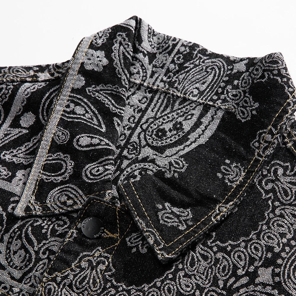 Mens Paisley Bandana Print Denim Jacket Streetwear Pattern Jacquard Weave Coat Fashion Loose Long Sleeve Outerwear Black Blue 250225