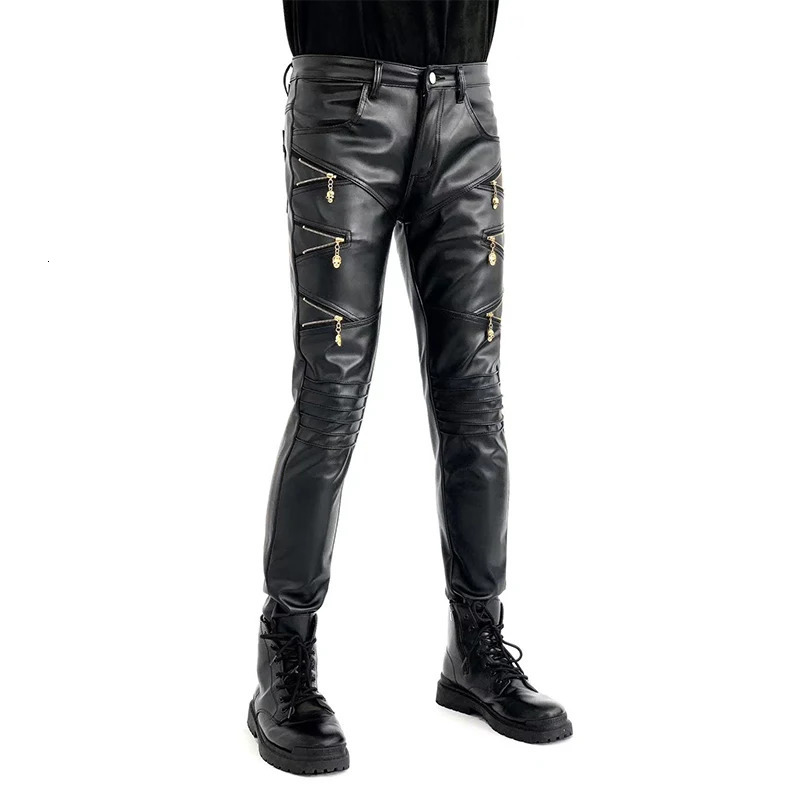Arrived Skinny Biker Leather Pants Mens Faux Trousers for Male Trouser Stage Club Wear 250304