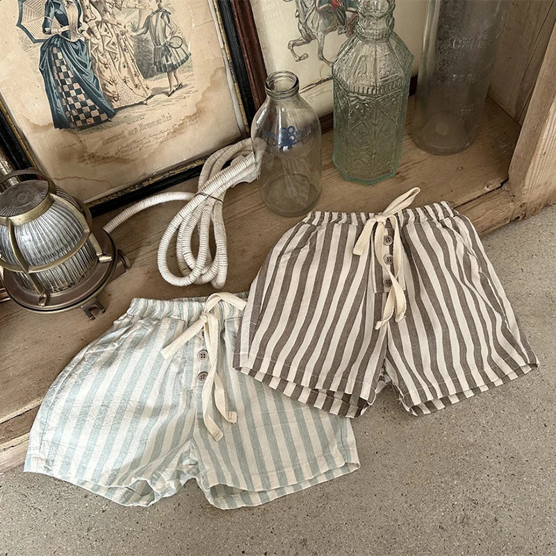 Vintage Linen Cotton Baby Boys Stripe Shorts Casual Buttons Pocket Baby Short Pants for Toddler Girls Clothing 0-24M 250304