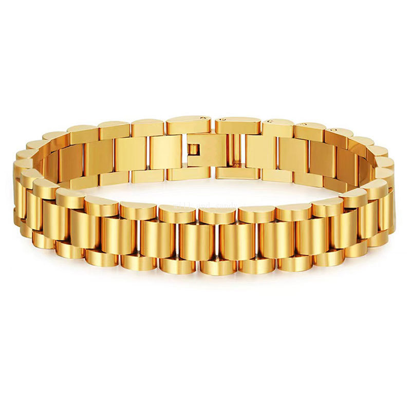 18k Gold Watch Belt Style Bracelet Non Tarnish Stainless Steel Wristband Banlge Cuff Woman Men Fine Jewelry
