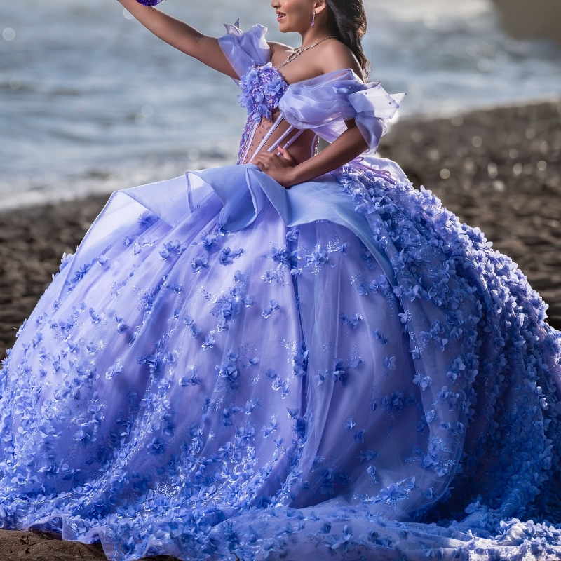 Lavender Shiny Quinceanera Dresses Ball Gown Off Shoulder Applique Flower Beading Crystal Tull Corset Sweet 16 Dress Vestidos 15 De Anos