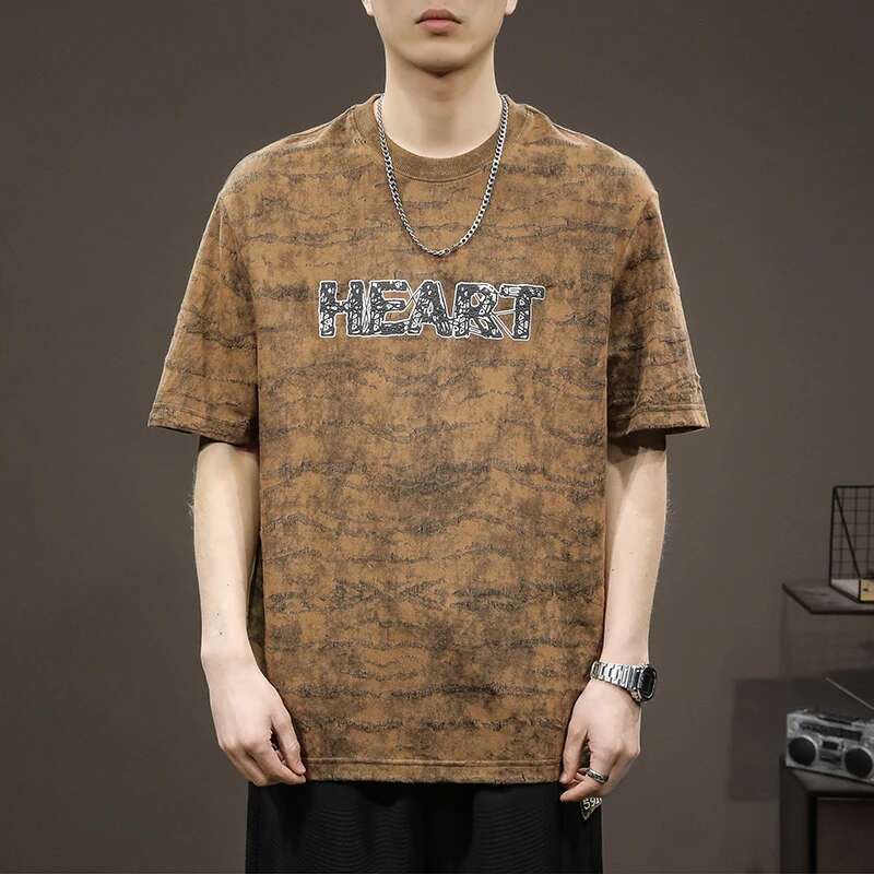 2024 Summer New Round Neck Heavyweight T-Shirt Men's American Retro Distressed Washed Cotton Fashion Trend Letter Embroidery Top
