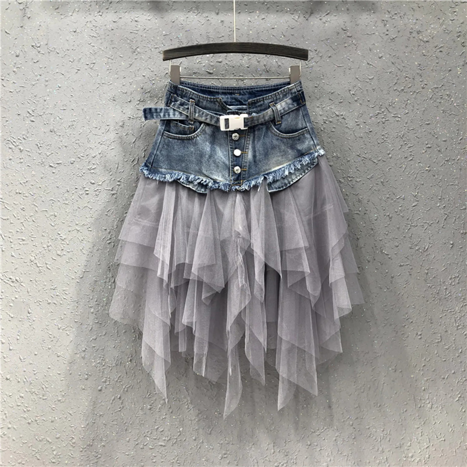 Punk womens denim ski net patch Jean Skirt Y2K high waist A-line asymmetrical chiffon skiing pleated Gothic fashion Faldas 250228