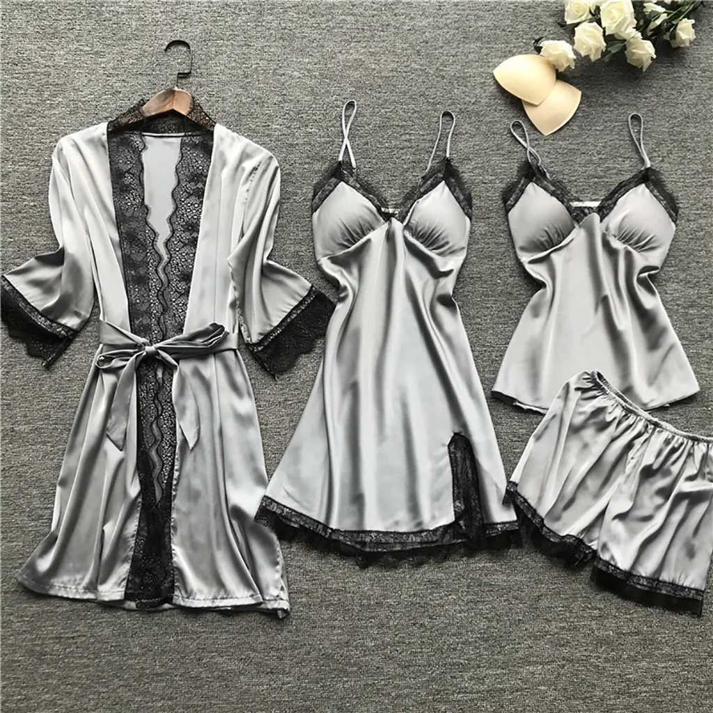 Lace Silk Pajamas Set Nightdress Sexy Lingerie Robe Women Sleepwear 4 Pieces Suits Sleeping Top And Shorts Femme Pijama Mujer PjT250305