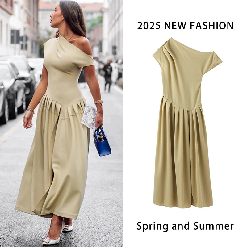 Oneshoulder Pleated Maxi Dres Short Sleeve Irregular Off Shoulder High Waist Dresses Solid Holiday Lady 250304