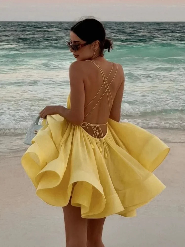 Elegant Chiffon Pleated Off Shoulder Women Sling Dress Fashion Lace Up Backless High Waist Aline Mini Dresses Lady Beach Robes 250305